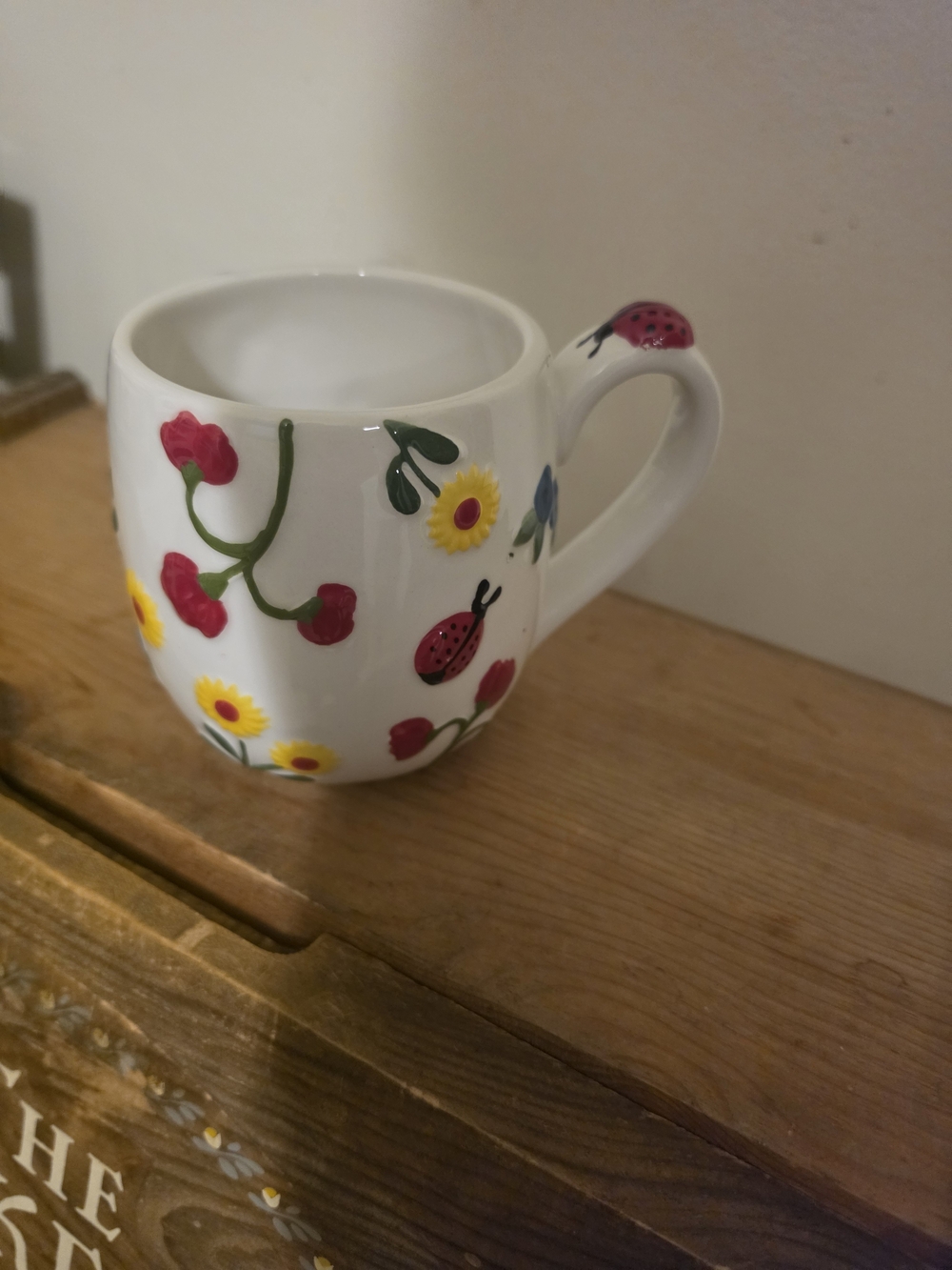 Ceramic Floral & Ladybug Mug - White with Red and Yellow Accents